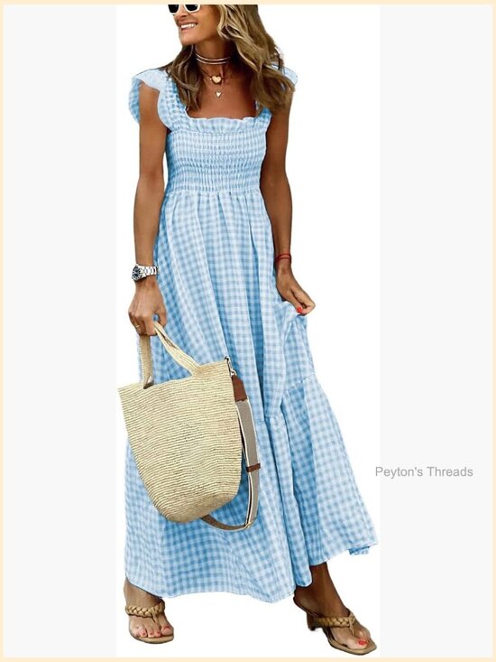 Dresses & Skirts - Retro Plaid Smocked Dress Spaghetti Strap Flounce Long Dress